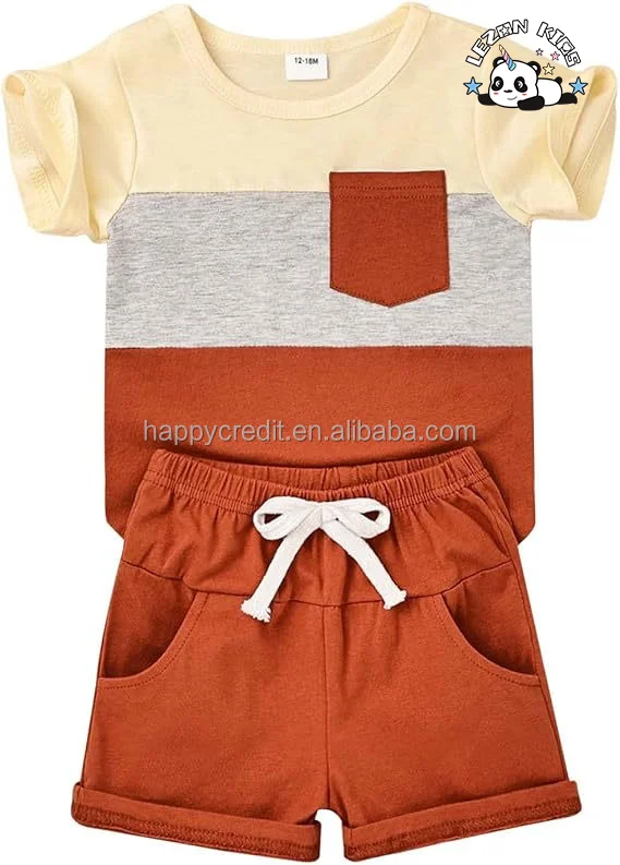 LEZONKIDS - Customizable Hot Sale Summer Outfits Short Sleeve Patchwork Top T-shirt Pocket Pant Set 2 Piece Boy Clothing Set